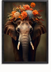 Een ingelijst Olifant en Bloemen Schilderij van CollageDepot toont een olifant met een hoofddeksel gemaakt van levendige oranje bloemen en enkele gedroogde planten. De donkere achtergrond benadrukt de details van de olifant en het kopstuk. Deze prachtige wanddecoratie wordt geleverd met een handig magnetisch ophangsysteem.,Zwart-Zonder,Lichtbruin-Zonder,showOne,Zonder