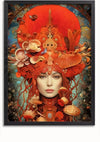 Een CollageDepot Paddenstoelen koningin schilderij met een portret van een vrouw met een ingewikkelde en surrealistische hoofdtooi gemaakt van rode, oranje en beige paddenstoelen en koraalachtige elementen. Dit fantasierijke kunstwerk bevindt zich tegen een levendige en gestructureerde achtergrond met blauw- en groentinten en is voorzien van een magnetisch ophangsysteem voor eenvoudige weergave.