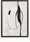 Abstract schilderij met zwarte inkt met een opvallende cirkel en verticale penseelstreken op een gestructureerde witte achtergrond, omlijst in zwart. (bc 060 - samenvatting Zwart-Zonder,Lichtbruin-Zonder,showOne,ZonderCollageDepot),Zwart-Zonder,Lichtbruin-Zonder,showOne,Zonder