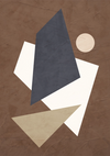 CollageDepot's bc 003 - abstracte geometrische kunst heeft een grote blauwe driehoek, twee beige driehoeken en een kleine witte cirkel op een gestructureerde bruine achtergrond. De vormen overlappen elkaar enigszins, waardoor een gevoel van driedimensionale ruimte ontstaat.-