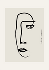 Abstracte lijntekening van een gezicht met minimalistische kenmerken en onsamenhangende contouren, weergegeven op een beige achtergrond, gesigneerd door de kunstenaar in de rechter benedenhoek. (bc 008 - samenvatting door CollageDepot)-
