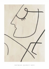 Een minimalistische lijntekening toont het profiel van een menselijk gezicht met gesloten ogen. Dit Line Art K. Agency 2022 schilderij van CollageDepot maakt gebruik van eenvoudige, zwarte lijnen op een beige achtergrond. De tekst "KATMAN AGENCY 2022" staat gecentreerd onderaan de afbeelding.-