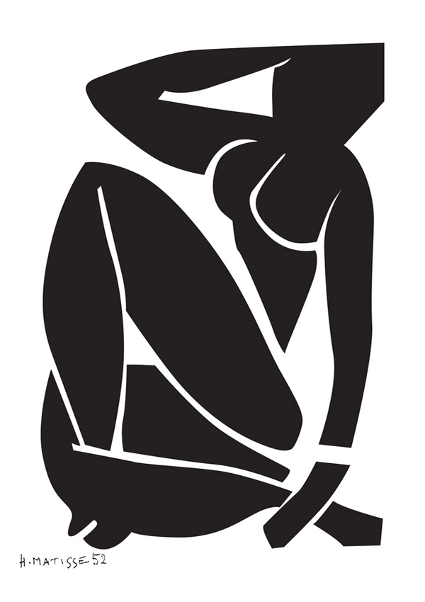 Een zwart-wit abstracte print van Henri Matisse uit 1952, met een gestileerde, vereenvoudigde figuur bestaande uit gedurfde, vloeiende vormen die een zittende menselijke vorm suggereren, genaamd "bc 012 - abstract" van CollageDepot.-