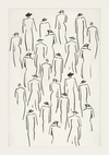 Illustratie van talrijke bc 016 - abstracte menselijke figuren, de meeste in profielaanzicht, uniform gevormd en met hoeden. De tekening is gemaakt in een minimalistische stijl met vloeiende zwarte lijnen op een effen witte achtergrond door CollageDepot.-