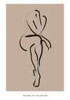 Zin met vervangen product: CollageDepot's bc 021 - abstract minimalistisch zwart penseelstreek-artwork toont een gestileerde menselijke figuur op een beige achtergrond, met onderaan de tekst "MINIMALIST COLLECTION".-