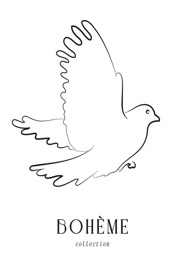 Boven de tekst "Bohème Collection Schilderij" is een vereenvoudigd zwart-wit schilderij van een vliegende vogel afgebeeld. De vleugels van de vogel zijn opgeheven en de staartveren zijn uitgespreid. Deze minimalistische wanddecoratie van CollageDepot voegt met zijn strakke zwart-witte design een vleugje elegantie toe aan elke ruimte.-