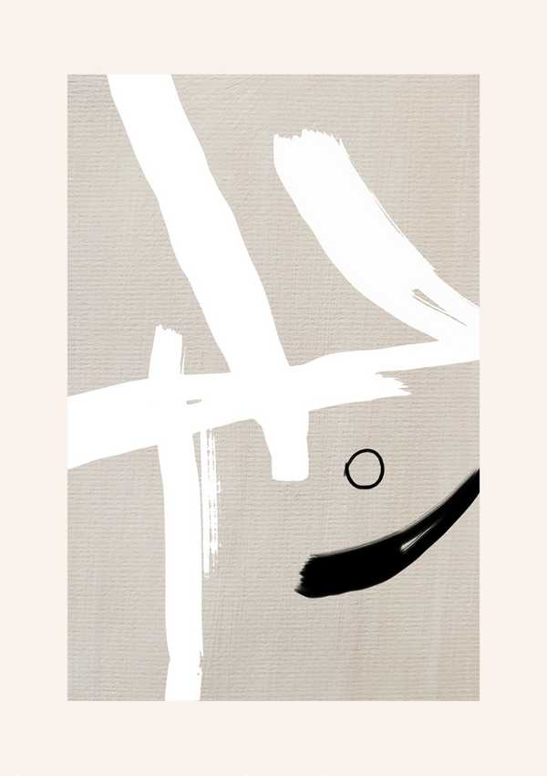 Een bc 030 - abstract schilderij op een getextureerd beige canvas met opvallende witte strepen en een dikke zwarte streek met een kleine zwarte cirkel naar het midden onderaan door CollageDepot.-