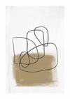 Abstract schilderij met bc 041 - abstract van CollageDepot, een reeks grillige zwarte lijnen verwikkeld in een complexe lus over een getextureerde beige rechthoek, allemaal tegen een witte achtergrond.-