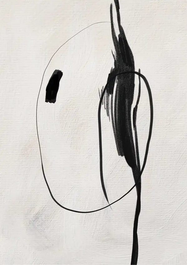 CollageDepot's bc 060 - abstracte penseelstreken met zwarte inkt op een gestructureerde witte achtergrond, afbeelding van een minimalistisch figuur binnen een onvolledige cirkel.-