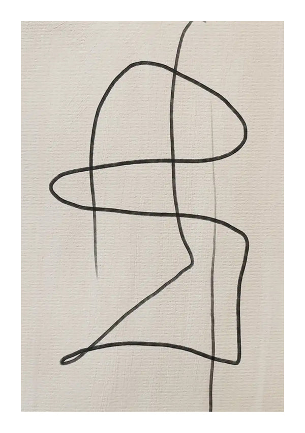Abstracte lijntekening op een gebroken wit canvas met textuur, met CollageDepot's bc 062 - abstract, een doorlopende, losjes getekende zwarte lijn die een vloeiende, open vorm vormt die lijkt op een gestileerd profiel of contour.-