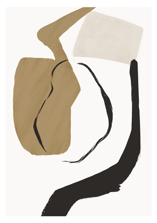 Abstracte kunst met vloeiende, organische vormen in beige en zwarte tinten, met een vierkant wit blok, tegen een bleke achtergrond. De vormen roepen een gevoel van dynamische beweging op. Dit is het bc 066 - abstract stuk van CollageDepot.-