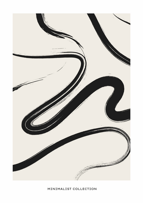 Abstract minimalistisch kunstwerk met vloeiende zwarte lijnen op een beige achtergrond, gelabeld als onderdeel van de 'Minimalist Collection'. De lijnen creëren dynamische, vloeiende vormen die een gevoel van beweging oproepen. Dit is het CollageDepot bc 071 - abstract.-