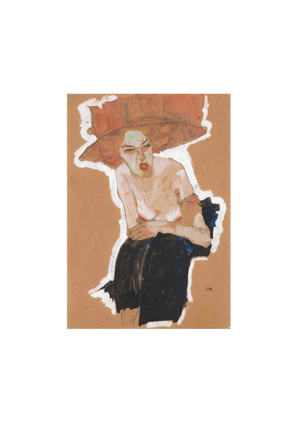 Een bc 076 - abstract schilderij van een figuur met een grote rode hoed en een donkere rok, weergegeven met krachtige, expressieve penseelstreken op een beige achtergrond. De figuur heeft een lichtgroene huid en een contemplatieve uitdrukking van CollageDepot.-