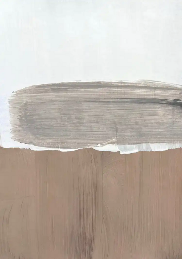 CollageDepot's bc 077 - abstract schilderij heeft een dikke, horizontale grijze penseelstreek op een witte achtergrond naast een bredere bruine penseelstreek. Minimalistische en moderne kunststijl.-