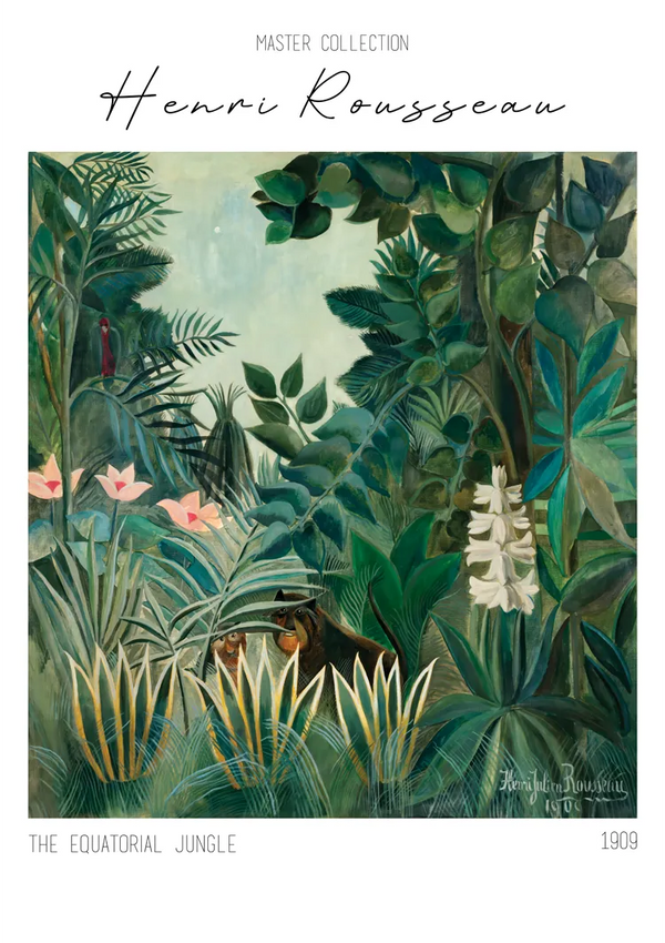 Een product getiteld "ccc 001 - bekende schilders" van CollageDepot. Het kunstwerk toont een dichte junglescène met weelderig groen gebladerte, bloemen en een verborgen leeuw. De naam van de kunstenaar en het jaartal zijn in de rechteronderhoek gegraveerd.-
