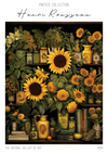 Een levendig stilleven met grote zonnebloemen, verschillende kleine gele bloemen, boeken en meerdere potten en vazen versierd met botanische elementen. De achtergrondtekst geeft aan dat dit afkomstig is van de "ccc 002 - bekende schilders" van CollageDepot, tentoongesteld in The National Gallery of Art.-