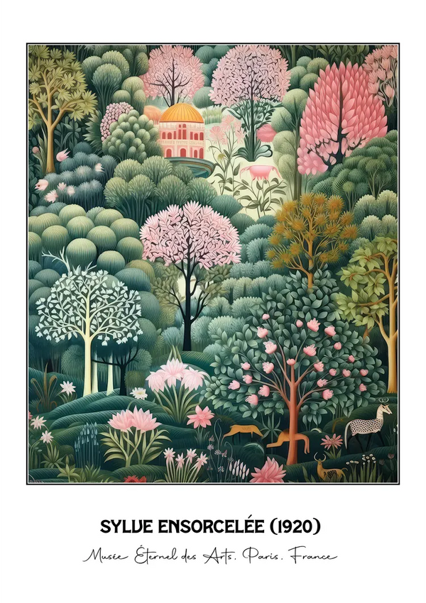 Een schilderij met de titel "ccc 004 - bekende schilders" (1920) van CollageDepot, tentoongesteld in Musée Éternal des Arts, Parijs, Frankrijk. Het kunstwerk toont een grillig bostafereel met verschillende bomen, planten, bloeiende bloemen, een tuinhuisje en wilde dieren, waaronder herten en een pauw.-