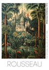 Een schilderij met de titel "ccc 006 - bekende schilders" van CollageDepot, tentoongesteld in de National Gallery of Art, Parijs. Het kunstwerk toont een weelderig jungletafereel met verschillende planten, bomen en een uitvoerig gedetailleerd gebouw op de achtergrond.-
