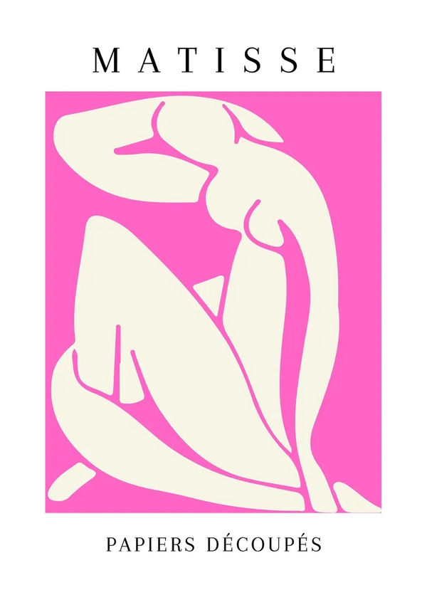 Een minimalistische kunstposter met een abstract, wit uitgesneden figuur op een felroze achtergrond. Bovenaan staat het woord "MATISSE" en onderaan "PAPIERS DÉCOUPÉS". Dit product is ccc 024 - bekende schilders van CollageDepot.-