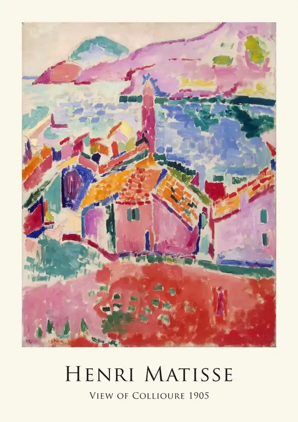 Een kleurrijk schilderij met de titel "Gezicht op Collioure 1905" van Henri Matisse. Het toont een kusttafereel met levendige, abstracte huizen, daken en een landschap in opvallende tinten rood, blauw, roze en groen. De titel en de naam van de kunstenaar worden onder de afbeelding weergegeven als ccc 033 - bekende schilders van CollageDepot.-