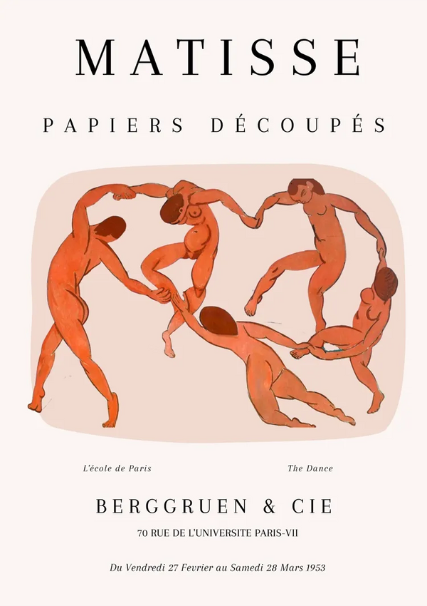 Affiche voor een tentoonstelling getiteld “ccc 035 - bekende schilders” door CollageDepot bij Berggruen & Cie, gelegen op 70 Rue de l'Université, Parijs. De poster bevat afbeeldingen van Matisse's kunstwerken "L'école de Paris" en "The Dance". Data van de tentoonstelling: 27 februari tot 28 maart 1953.-