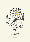 Een eenvoudige illustratie met de titel "Bloem" door K. Haring. Het stelt een mensachtige figuur voor met een bloem als hoofd. De tekening met krachtige, zwarte lijnen en een minimalistisch ontwerp op een lichtgekleurde achtergrond is onderdeel van "ccc 036 - bekende schilders" van CollageDepot.-