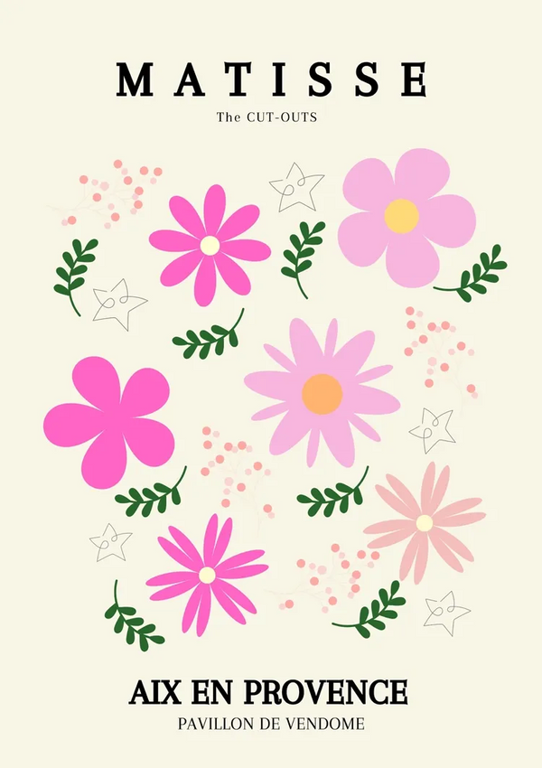 Een poster met de titel "ccc 037 - bekende schilders" met verschillende roze en lichtpaarse bloemen, kleine groene bladeren en kleine roze en witte stippen en sterren. De tekst onderaan luidt: "CollageDepot AIX EN PROVENCE PAVILLON DE VENDOME.-