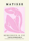 Poster met een abstract roze figuur van Matisse op een lichte achtergrond. De tekst boven de figuur luidt 'Matisse'. Onder de figuur staat "Berggruen & Cie" en worden tentoonstellingsdetails weergegeven: "70 Rue de l'Université Paris-VII, Du Vendredi 27 Février au Samedi 28 maart 1953. Product: ccc 038 - bekende schilders van CollageDepot.-