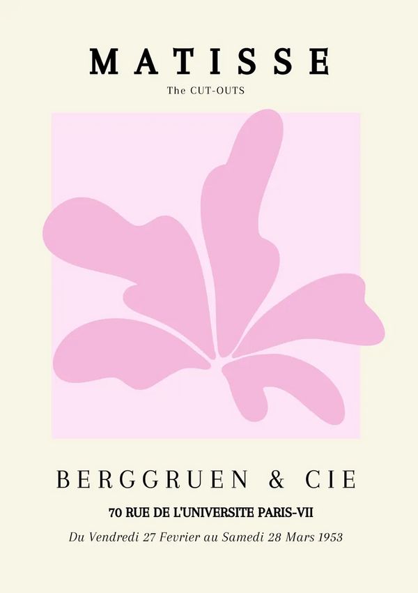 Een poster die reclame maakt voor een tentoonstelling met de titel "Matisse The Cut-Outs" bij Berggruen & Cie, gelegen aan de Rue de l'Université 70, Parijs-VII. De tentoonstelling loopt van vrijdag 27 februari tot en met zaterdag 28 maart 1953. Op de poster staat een roze abstract uitgesneden ontwerp genaamd "ccc 040 - bekende schilders" van CollageDepot.-