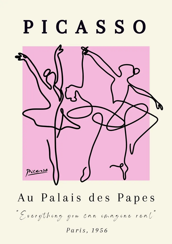 Een kunstposter met lijntekeningen van drie balletdansers tegen een roze achtergrond. Bovenaan staat in grote letters "ccc 041 - bekende schilders", met onder de tekeningen een handtekening. De onderste tekst luidt "Au Palais des Papes" en "Alles wat je maar kunt bedenken is echt", Parijs, 1956. Verkrijgbaar bij CollageDepot.-