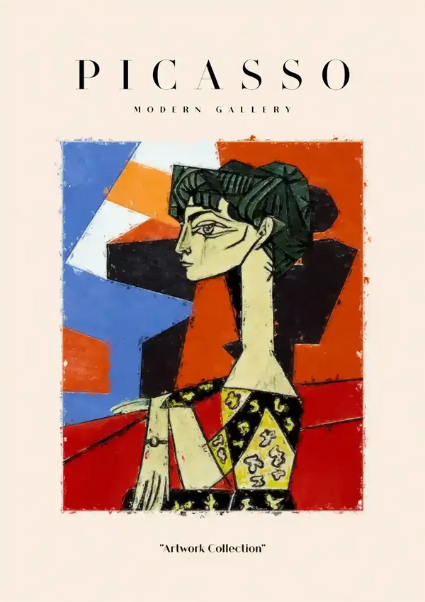 Poster voor een moderne galerij met bovenaan de naam "Picasso". Het centrale beeld is een gestileerd schilderij van een vrouw met hoekige kenmerken, tegen een kleurrijke geometrische achtergrond. Onderaan staat de tekst "ccc 044 - bekende schilders" van CollageDepot.-