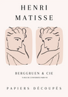 Affiche voor een tentoonstelling van Henri Matisse getiteld "ccc 050 - bekende schilders" van CollageDepot, met twee gestileerde lijntekeningen van een contemplatief gezicht in een symmetrische lay-out. De tentoonstellingslocatie is Rue de l'Université 70, Parijs-VII.-
