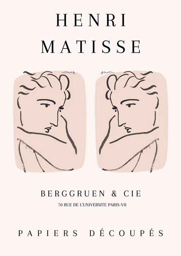 Affiche voor een tentoonstelling van Henri Matisse getiteld "ccc 050 - bekende schilders" van CollageDepot, met twee gestileerde lijntekeningen van een contemplatief gezicht in een symmetrische lay-out. De tentoonstellingslocatie is Rue de l'Université 70, Parijs-VII.-