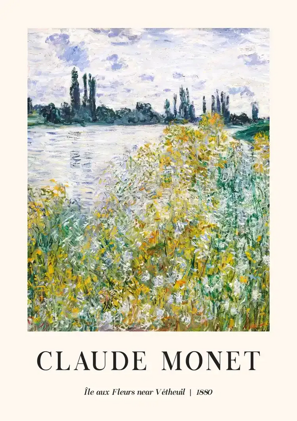 Een CollageDepot ccc 051 - bekende schilders met de titel "Île aux Fleurs nabij Vétheuil", gemaakt in 1880. Het kunstwerk toont een tafereel aan de rivier met struiken en wilde bloemen op de voorgrond en hoge bomen langs de rivieroever op de achtergrond.-