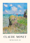 Het schilderij van Claude Monet "Cliff Walk at Pourville" uit 1882 toont twee vrouwen die op een met gras begroeide klif staan met uitzicht op de zee, met een levendig blauwe lucht en verspreide wolken op de achtergrond. Onderstaande tekst luidt "CollageDepot | ccc 053 - bekende schilders".-