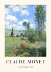 Een schilderij met de titel "ccc 054 - bekende schilders" van CollageDepot, gemaakt in 1880. Het kunstwerk toont een landelijk landschap met hoge bomen, kleurrijke wilde bloemen en een gedeeltelijk bewolkte lucht erboven. De afbeelding wordt omlijst door een beige rand met tekst.-