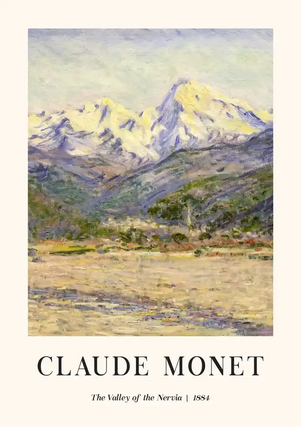 Een product van CollageDepot getiteld "ccc 055 - bekende schilders" uit 1884, voorstellende een bergachtig landschap met besneeuwde toppen, groene heuvels en een vallei op de voorgrond. Het product heeft een impressionistische stijl met zichtbare penseelstreken.-