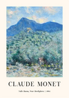 Een impressionistisch schilderij van Claude Monet getiteld "Valle Buona, Near Bordighera" uit 1884 kan prachtig worden weergegeven met ccc 056 - bekende schilders van CollageDepot. Het kunstwerk portretteert een bergachtig landschap met weelderig groen en bomen, onder een bewolkte hemel, met hints van een dorp of gebouwen in de verte.-