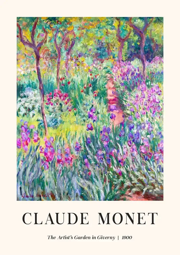 Een kleurrijk en levendig schilderij van Claude Monet met de titel "The Artist's Garden in Giverny" uit 1900, met een tuin met een pad omgeven door verschillende kleurrijke bloemen en groen. Het schilderij toont de impressionistische stijl van Monet. Dit kunstwerk is opgenomen in het product "ccc 057 - bekende schilders" van CollageDepot.-