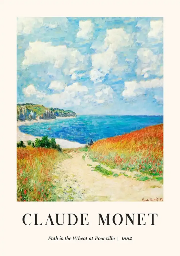 Een schilderij van Claude Monet getiteld "Path in the Wheat at Pourville" uit 1882. Het toont een onverhard pad dat door tarwevelden en wilde bloemen naar de zee leidt onder een gedeeltelijk bewolkte hemel, nu verkrijgbaar als ccc 061 - bekende schilders van CollageDepot.-