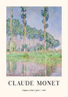 CollageDepot's ccc 063 - bekende schilders, het schilderij van Claude Monet getiteld "Poplars, Pink Effect" toont hoge, slanke populieren weerspiegeld in een kalm waterlichaam onder een pastelroze hemel. Het kunstwerk, gedateerd 1891, bevat impressionistische technieken en levendig kleurgebruik.-