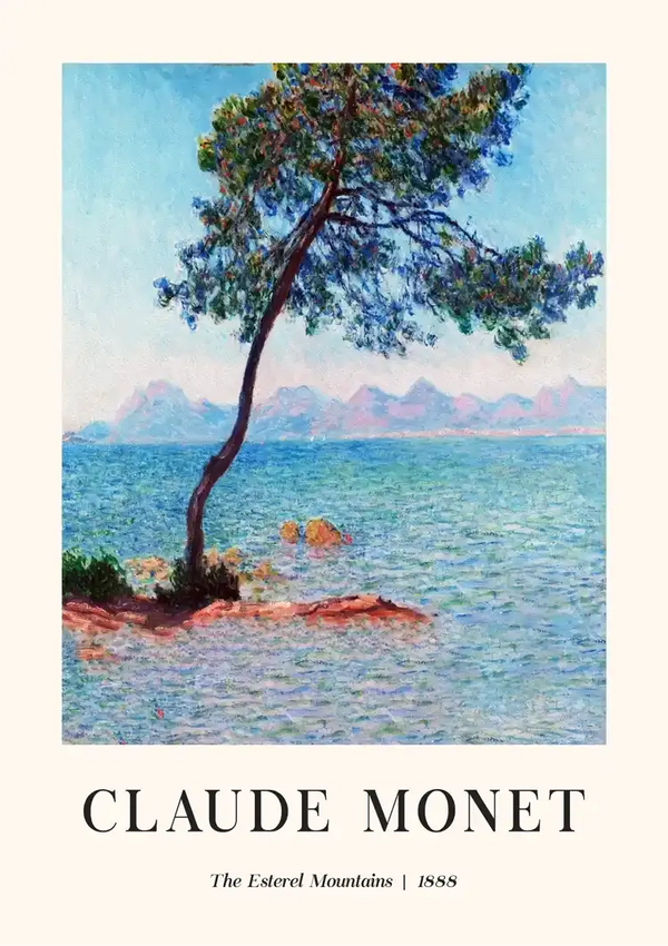 Een schilderij van Claude Monet met de titel "The Esterel Mountains", gemaakt in 1888, met een eenzame boom op een klein stukje land aan het water met bergen op de achtergrond, is prachtig opnieuw vormgegeven als CollageDepot's ccc 064 - bekende schilders.-