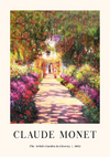Een helder en kleurrijk impressionistisch schilderij van Claude Monet met de titel "The Artist's Garden in Giverny" uit 1902. Het toont een tuinpad omgeven door levendige bloemen en groen dat naar een huis leidt, verkrijgbaar als ccc 065 - bekende schilders van CollageDepot.-