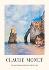 Een schilderij van Claude Monet met de titel "The Rock Needle and the Porte d'Aval" uit 1885. Het toont een rotsachtig kusttafereel met een boog en een hoge, smalle rotsformatie tegen een blauwe lucht en een kalme zee, met zeilboten in de verte , vergelijkbaar met de stijl van CollageDepot's "ccc 067 - bekende schilders.-