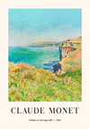 Een schilderij toont een kliftafereel aan de kust met blauw oceaanwater en met gras begroeide kliffen. De tekst onderaan luidt: "Claude Monet, Falaise à Varengeville, 1882." U vindt dit kunstwerk onder de productnaam "ccc 068 - bekende schilders" van CollageDepot.-