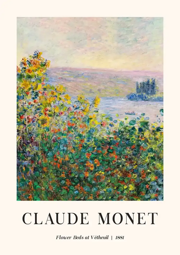 Een schilderij van Claude Monet met de titel "Bloembedden in Vétheuil" uit 1881. Het toont kleurrijke bloembedden op de voorgrond met een rivier en een klein gebouw op de achtergrond, allemaal weergegeven in een impressionistische stijl. De tekst onder het schilderij geeft de titel en de datum weer. Dit kunstwerk maakt deel uit van de collectie ccc 069 - bekende schilders van CollageDepot.-