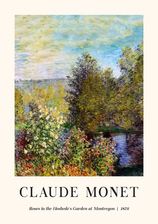 Een schilderij van Claude Monet met de titel "Rozen in de Hoshedé's Garden in Montregan" uit 1876. Het toont een tuin met bomen, bloemen en een vijver onder een gedeeltelijk bewolkte hemel. Het kunstwerk kenmerkt de karakteristieke impressionistische stijl van Monet. Dit stuk is verkrijgbaar als onderdeel van de ccc 070 - bekende schilderscollectie van CollageDepot.-