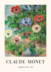 Een schilderij toont een weelderig arrangement van kleurrijke anemoonbloemen in verschillende tinten, waaronder rood, blauw en wit, geplaatst in een pot. De achtergrond is gevuld met groen. Tekst onder de afbeelding luidt "CLAUDE MONET" en "ccc 071 - bekende schilders | 1885". Merknaam: CollageDepot-