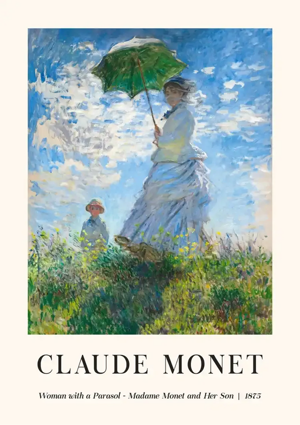 CollageDepot's ccc 072 - bekende schilders getiteld "Vrouw met een parasol - Madame Monet en haar zoon" uit 1875. Het toont een vrouw die een groene parasol vasthoudt en een witte jurk draagt, staande op een met gras begroeide heuvel met een jonge jongen, beiden kijkend naar de kijker. Blauwe lucht met wolken op de achtergrond.-