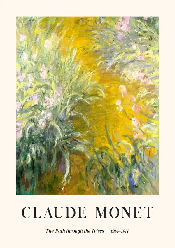 Een abstract schilderij getiteld "ccc 074 - bekende schilders" door CollageDepot, gemaakt tussen 1914 en 1917. Het kunstwerk heeft levendige groene en gele tinten met bloemige elementen, die doen denken aan irissen, tegen een overwegend gele achtergrond.-
